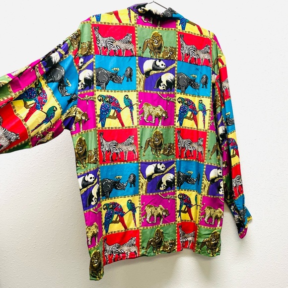 Vintage Colorful Jungle Animals Silk Blouse - Picture 4 of 6